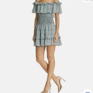 Parker size XS off the shoulder smocked dress geo print blue and white isadora